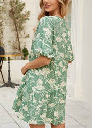 Bohemian Green V Neck Print Cotton Mid Dress Summer