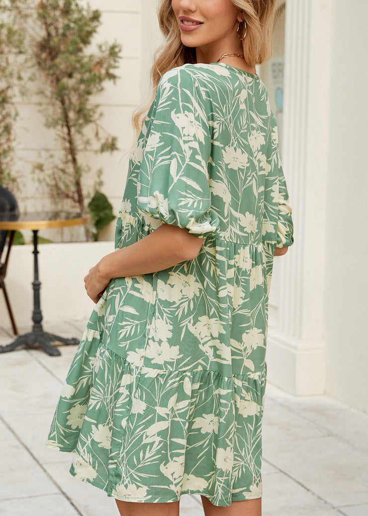 Bohemian Green V Neck Print Cotton Mid Dress Summer