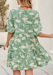 Bohemian Green V Neck Print Cotton Mid Dress Summer