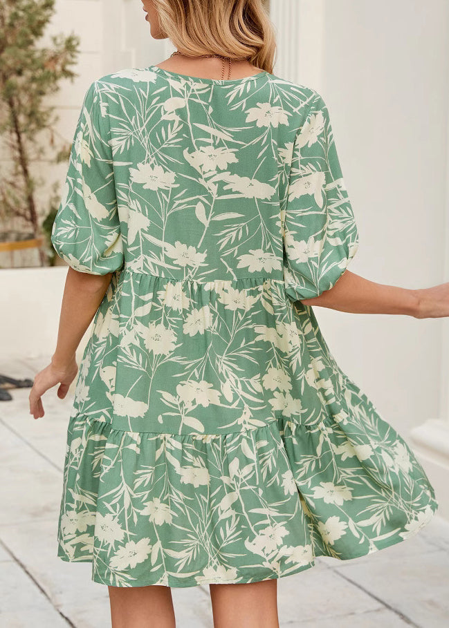 Bohemian Green V Neck Print Cotton Mid Dress Summer