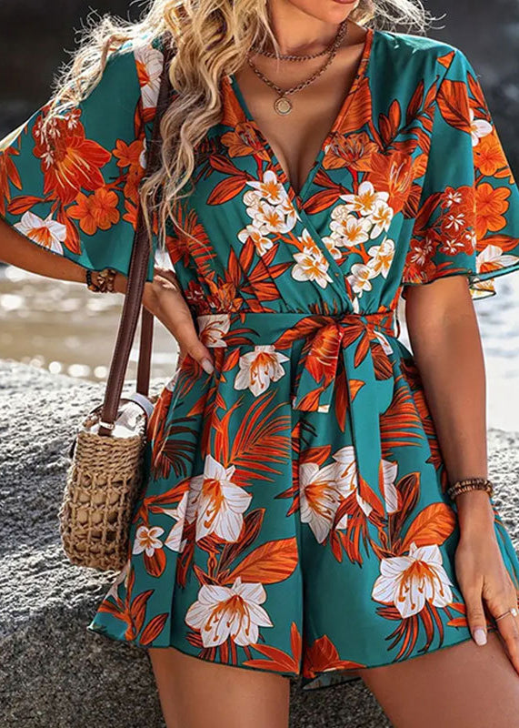 Bohemian Green V Neck Print Lace Up Cotton Jumpsuit Butterfly Sleeve