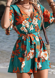 Bohemian Green V Neck Print Lace Up Cotton Jumpsuit Butterfly Sleeve