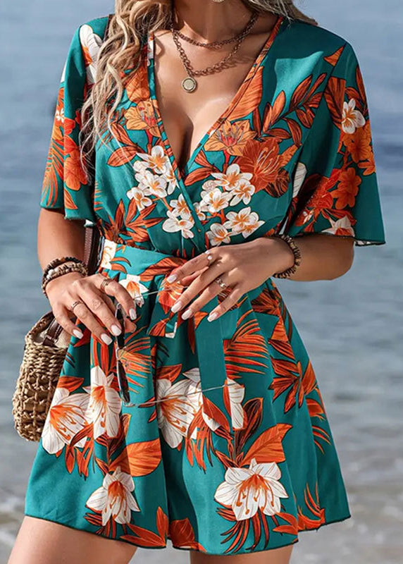 Bohemian Green V Neck Print Lace Up Cotton Jumpsuit Butterfly Sleeve