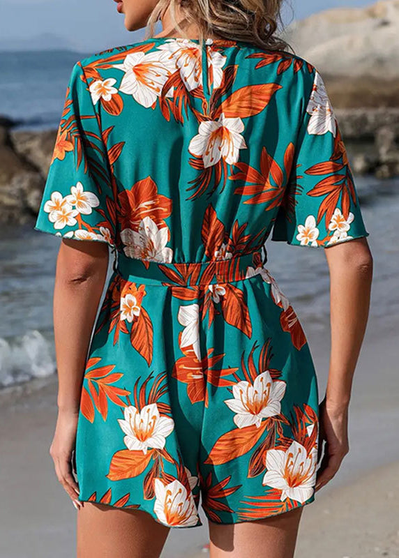 Bohemian Green V Neck Print Lace Up Cotton Jumpsuit Butterfly Sleeve