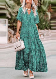 Bohemian Green V Neck Print Long Dress Short Sleev