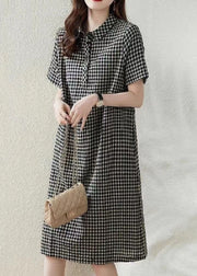 Bohemian Grey Peter Pan Collar Plaid Linen Vacation Dress Summer