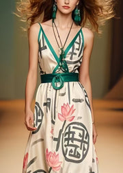 Bohemian Khaki Cinched Print Silk Spaghetti Strap Dress Summer