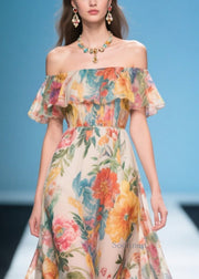 Bohemian Khaki Cold Shoulder Print Chiffon Long Dress Summer