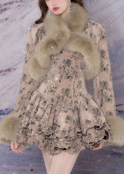 Bohemian Khaki Fur Collar Print Coats And Mid Dress Two-Piece Set Winter