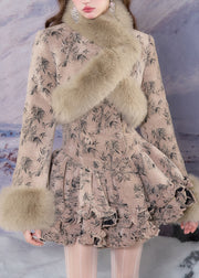 Bohemian Khaki Fur Collar Print Coats And Mid Dress Two-Piece Set Winter