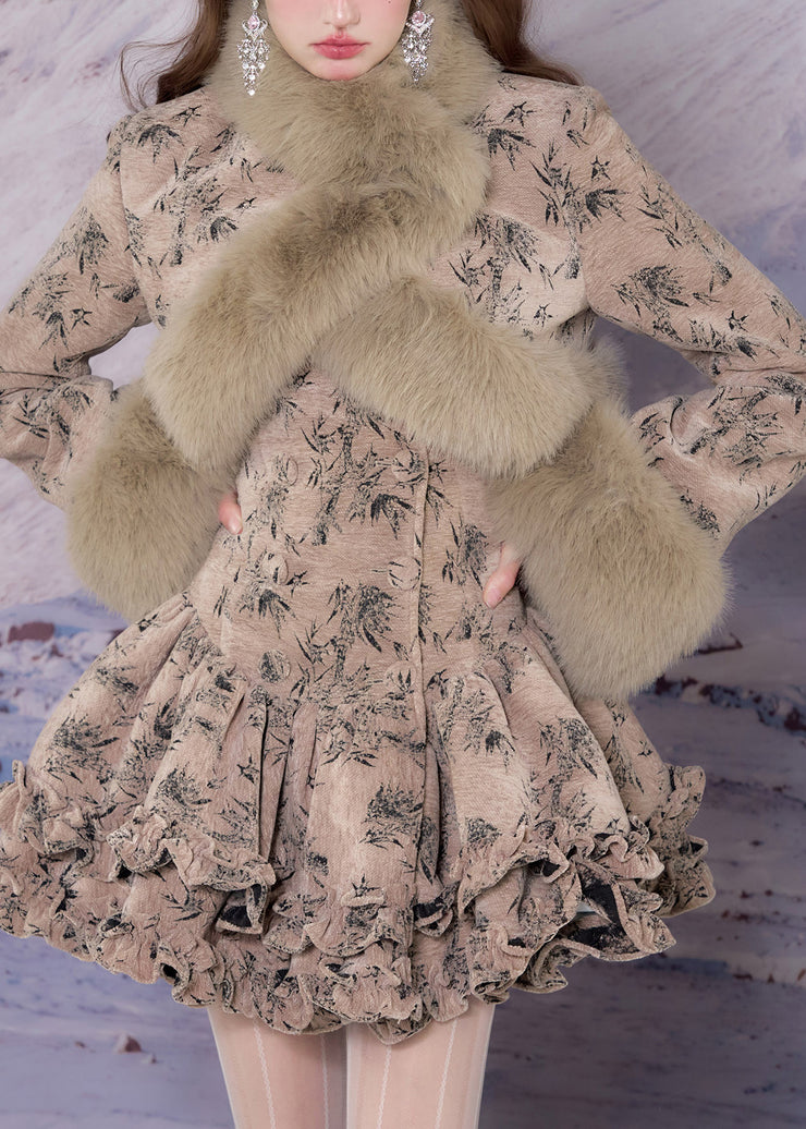 Bohemian Khaki Fur Collar Print Coats And Mid Dress Two-Piece Set Winter