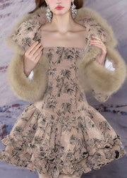 Bohemian Khaki Fur Collar Print Coats And Mid Dress Two-Piece Set Winter