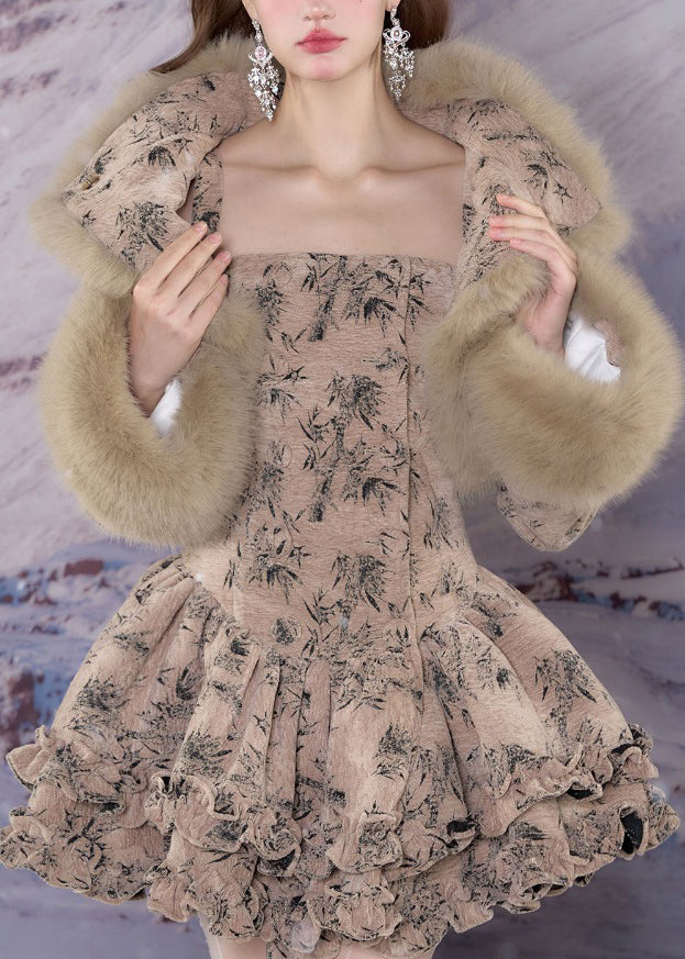 Bohemian Khaki Fur Collar Print Coats And Mid Dress Two-Piece Set Winter