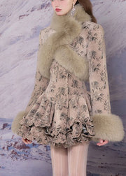 Bohemian Khaki Fur Collar Print Coats And Mid Dress Two-Piece Set Winter