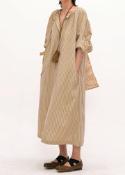 Bohemian Khaki Oversized Striped Linen Maxi Dresses Bracelet Sleeve