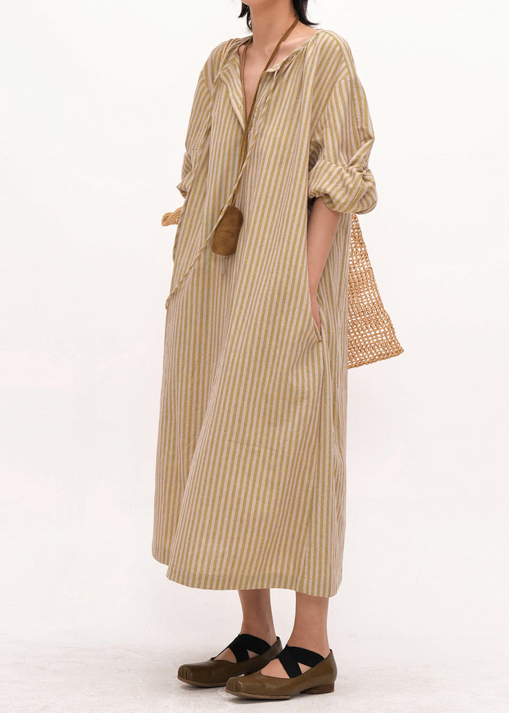 Bohemian Khaki Oversized Striped Linen Maxi Dresses Bracelet Sleeve