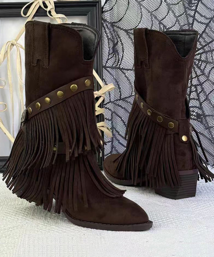 Bohemian Khaki Suede Tassel Splicing Boots Pointed Toe