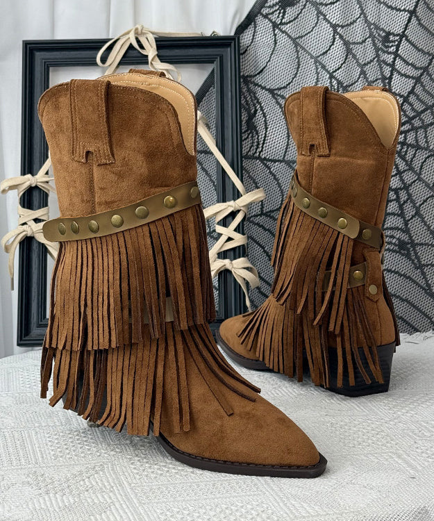 Bohemian Khaki Suede Tassel Splicing Boots Pointed Toe