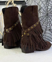 Bohemian Khaki Suede Tassel Splicing Boots Pointed Toe