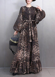Bohemian Leopard Button Tie Waist Maxi Dresses Fall