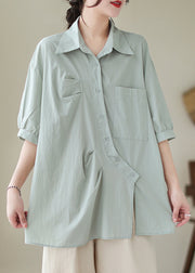 Bohemian Light Blue Asymmetrical Wrinkled Cotton Blouses Half Sleeve