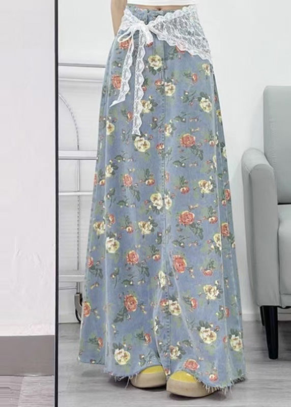 Bohemian Light Blue Flower Print Denim A Line Skirts Fall
