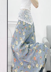 Bohemian Light Blue Flower Print Denim A Line Skirts Fall