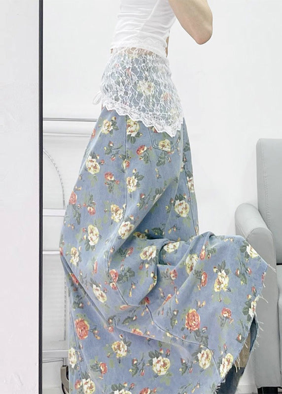 Bohemian Light Blue Flower Print Denim A Line Skirts Fall
