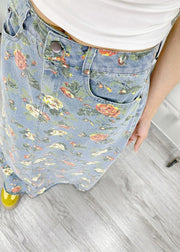 Bohemian Light Blue Flower Print Denim A Line Skirts Fall