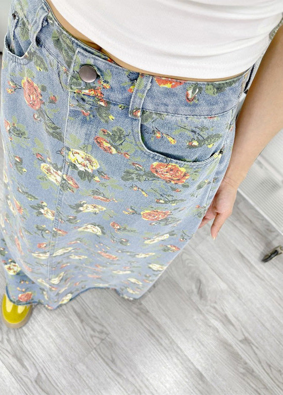 Bohemian Light Blue Flower Print Denim A Line Skirts Fall