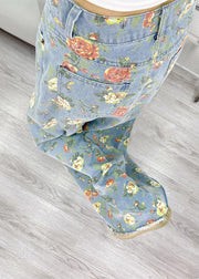 Bohemian Light Blue Flower Print Denim A Line Skirts Fall