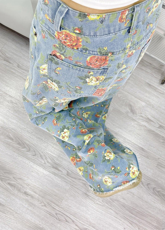Bohemian Light Blue Flower Print Denim A Line Skirts Fall