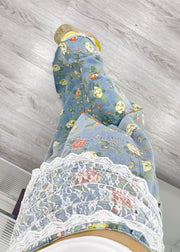 Bohemian Light Blue Flower Print Denim A Line Skirts Fall