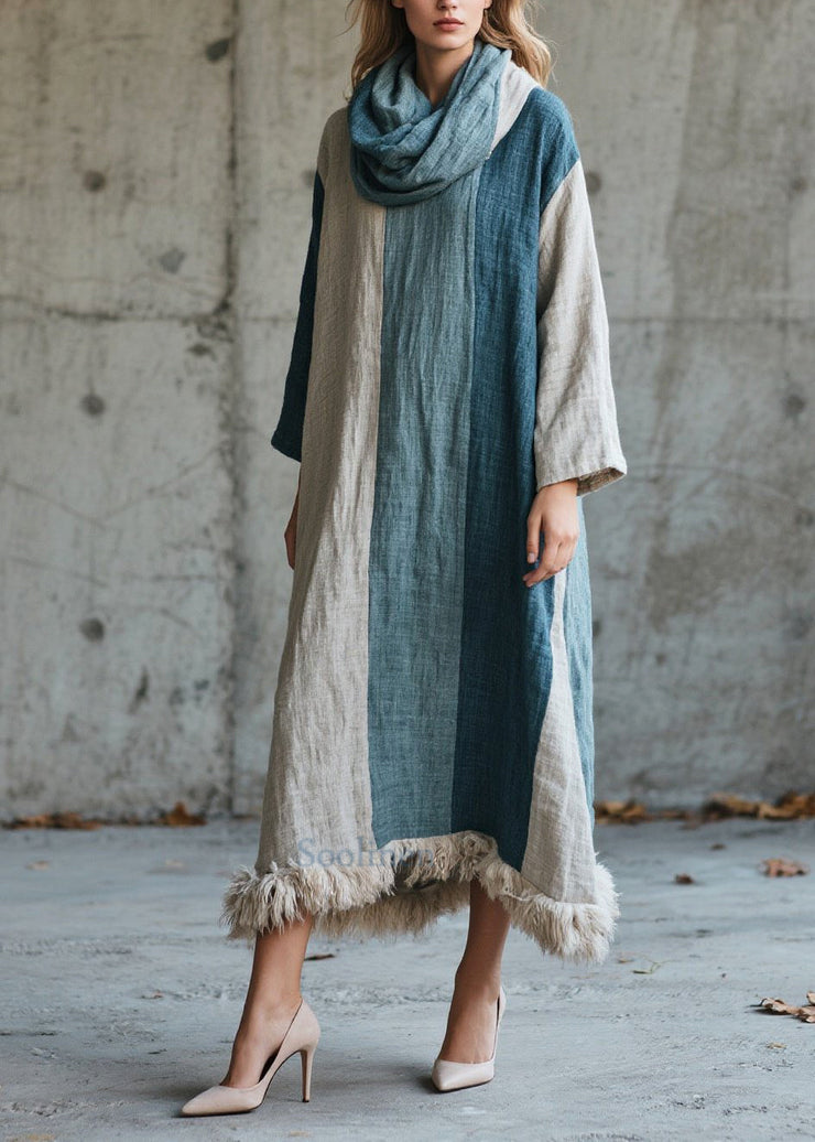 Bohemian Mixed Color Oversized Patchwork Faux Fur Maxi Dress Fall
