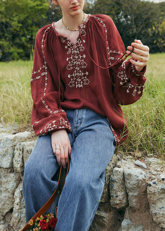 Bohemian Mulberry Embroidered Patchwork Cotton Blouse Top Lantern Sleeve