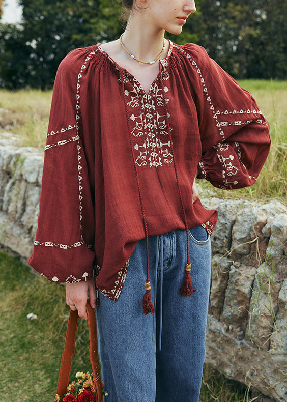 Bohemian Mulberry Embroidered Patchwork Cotton Blouse Top Lantern Sleeve