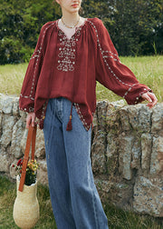 Bohemian Mulberry Embroidered Patchwork Cotton Blouse Top Lantern Sleeve