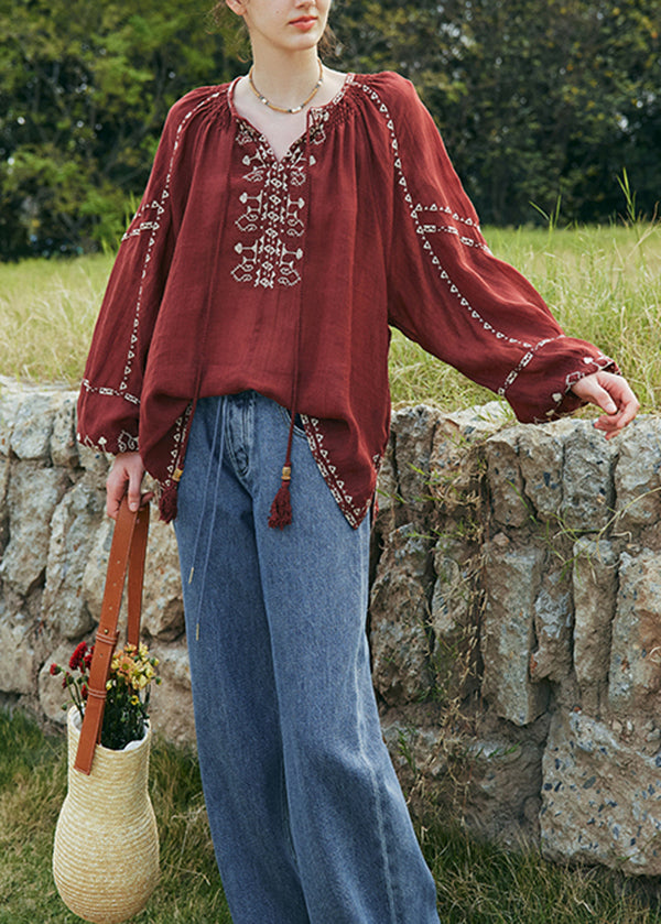 Bohemian Mulberry Embroidered Patchwork Cotton Blouse Top Lantern Sleeve