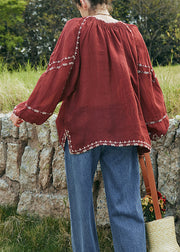 Bohemian Mulberry Embroidered Patchwork Cotton Blouse Top Lantern Sleeve