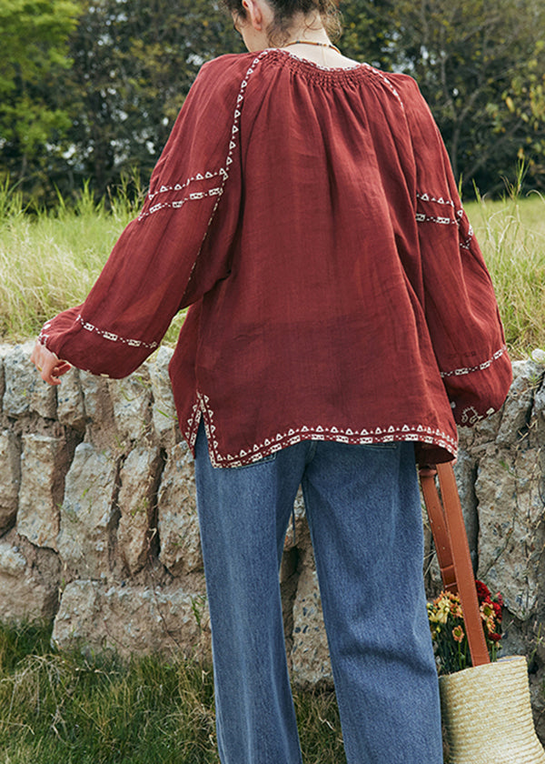 Bohemian Mulberry Embroidered Patchwork Cotton Blouse Top Lantern Sleeve