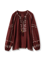 Bohemian Mulberry Embroidered Patchwork Cotton Blouse Top Lantern Sleeve