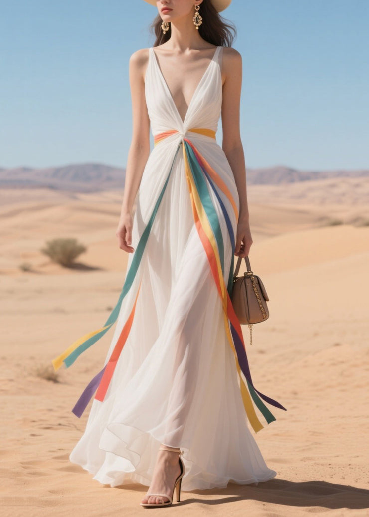 Bohemian Multicolour Ribbon Exra Large Hem Tulle Vacation Dresses Summer