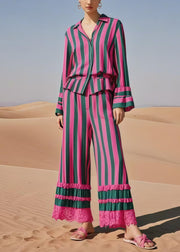 Bohemian Multicolour Striped Patchwork Lace Two Piece Suit Set Spring