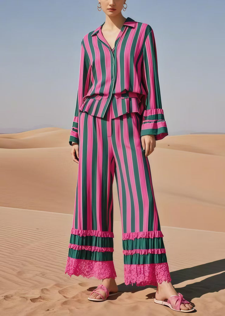 Bohemian Multicolour Striped Patchwork Lace Two Piece Suit Set Spring