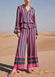 Bohemian Multicolour Striped Patchwork Lace Two Piece Suit Set Spring