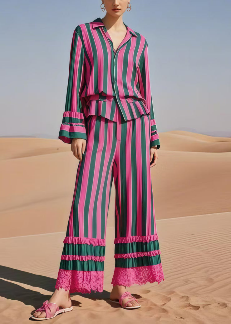 Bohemian Multicolour Striped Patchwork Lace Two Piece Suit Set Spring