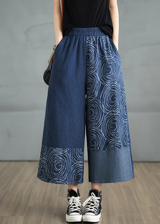 Bohemian Navy Asymmetrical Print Denim Pants Summer