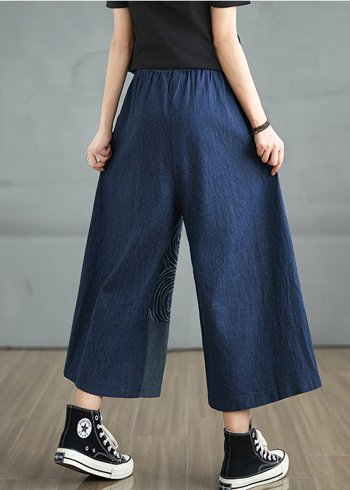 Bohemian Navy Asymmetrical Print Denim Pants Summer