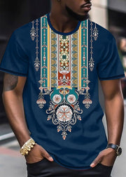 Bohemian Navy O Neck Print Oversized Cotton Mens T Shirts Summer