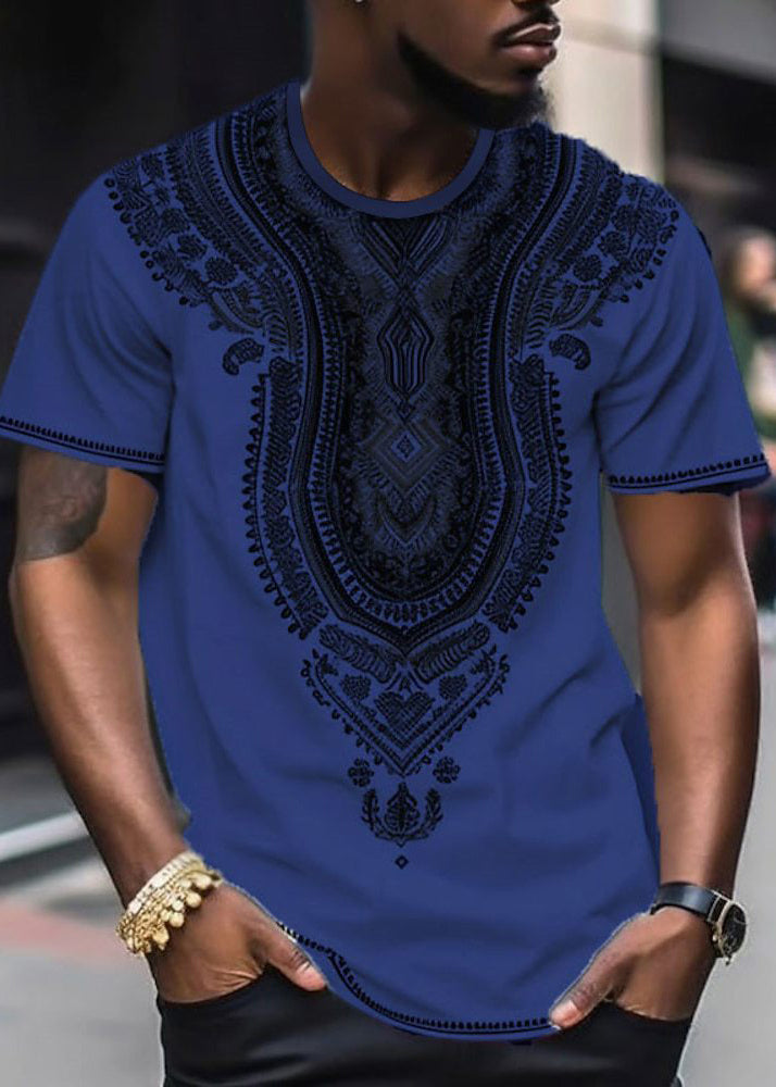 Bohemian Navy O Neck Print Oversized Cotton Mens T Shirts Summer